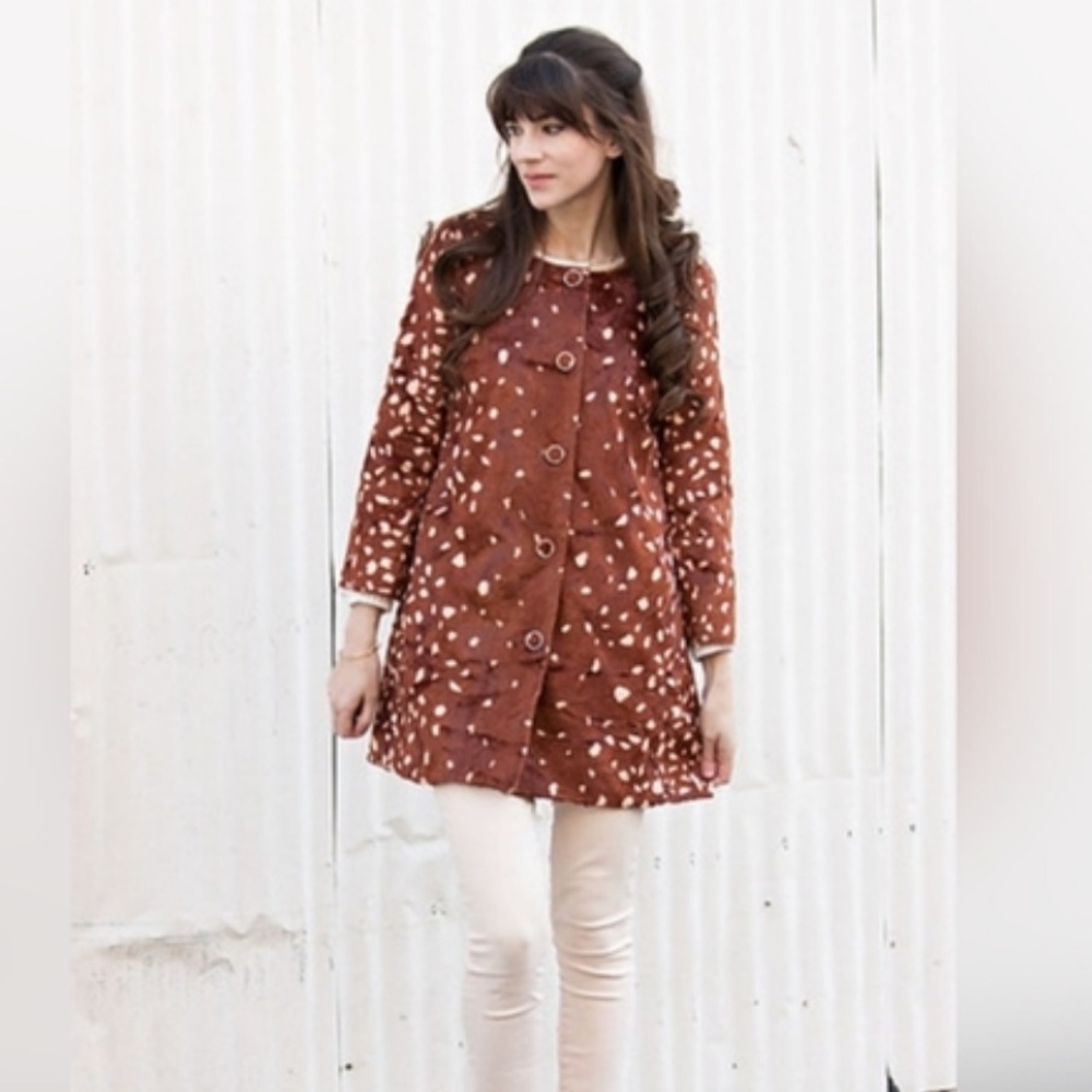 Maison Jules Collarless Bambi Deer Print Faux Fur Coat